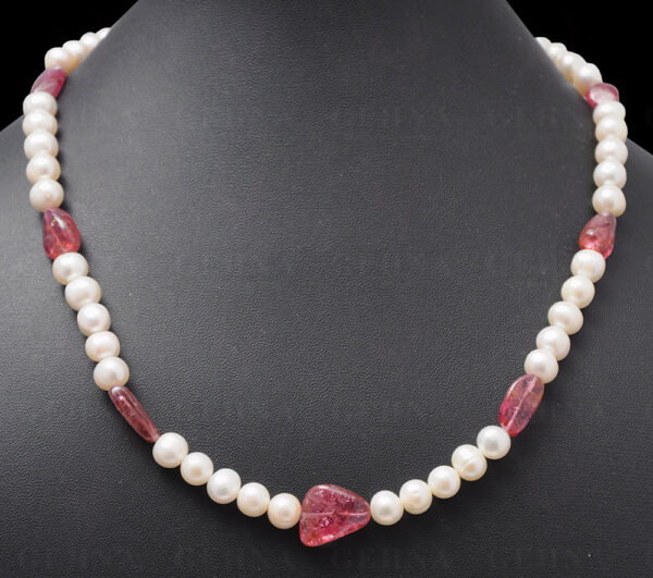 Pearl Bead & Pink Tourmaline Gemstone Tumble Necklace NM-1049