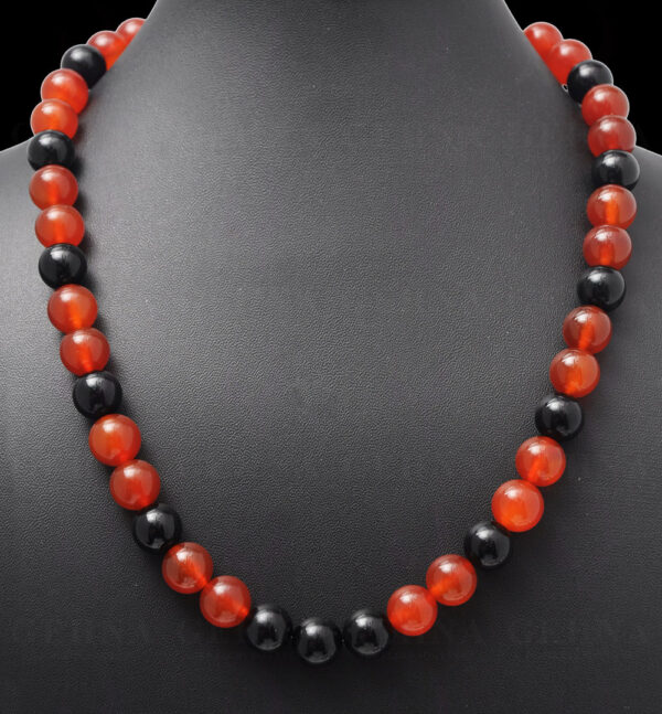 Black Onyx & Carnelian Gemstone Round Ball Shaped Bead Strand Necklace NS-1049