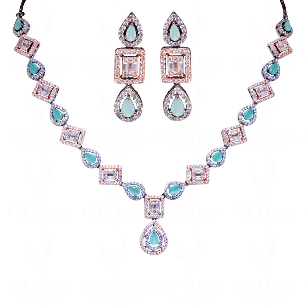 Aquamarine Stone & Simulated Diamond Studded Necklace & Earring Set FN-1050