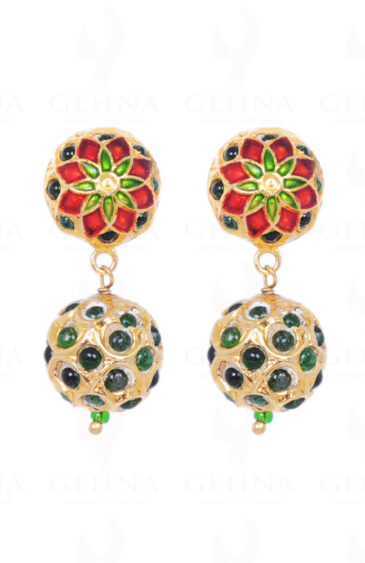 Emerald Color Green Stone Studded Jadau Bead With Enamel Work Earrings LE01-1050