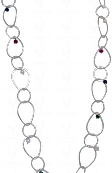Pearl & Emerald, Ruby, Sapphire Bead Necklace With Silver Elements NM-1050