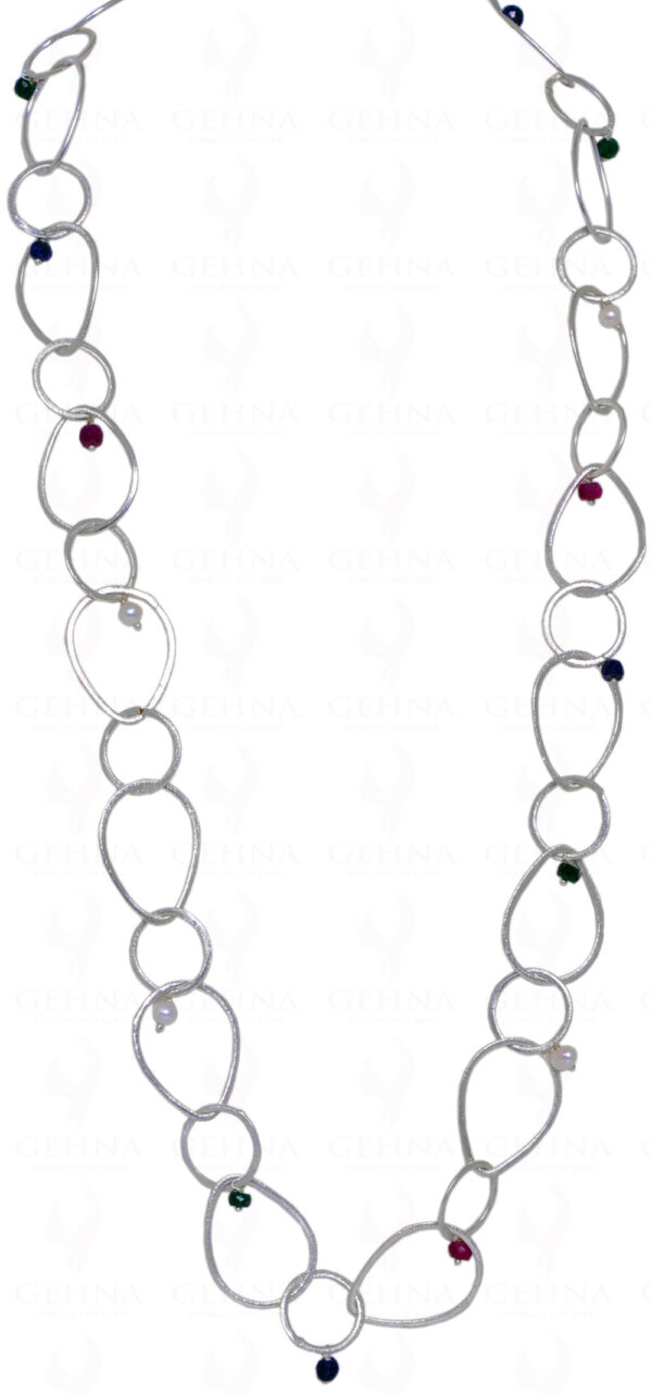 Pearl & Emerald, Ruby, Sapphire Bead Necklace With Silver Elements NM-1050