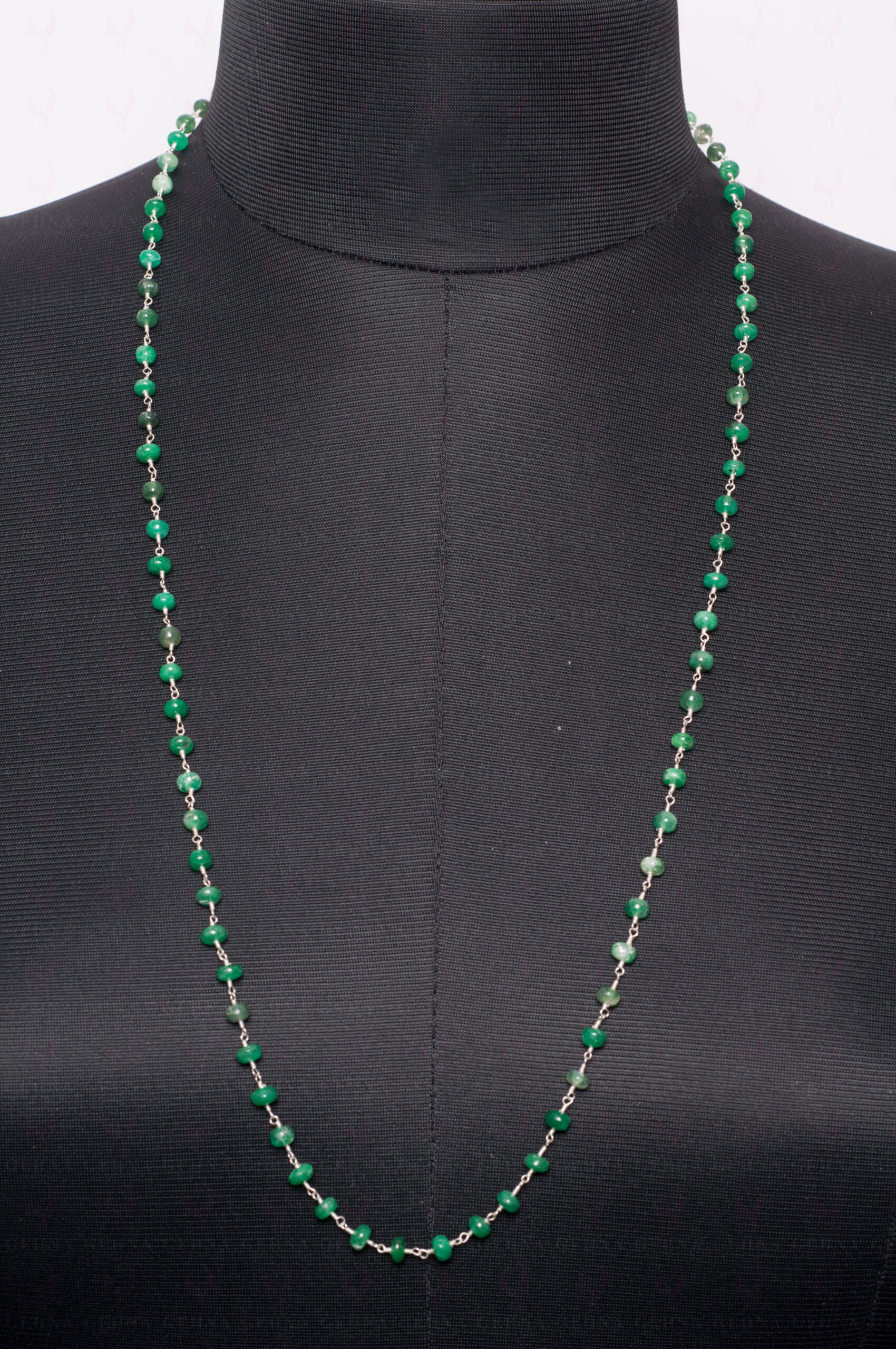 30" Emerald Gemstone Round Bead Chain Linked In 925 Silver CP-1051