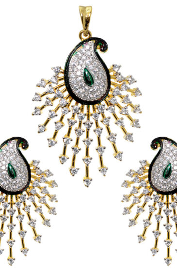 Classy Cubic Zirconia & Green Onyx Studded Pendant & Earring Set FP-1051