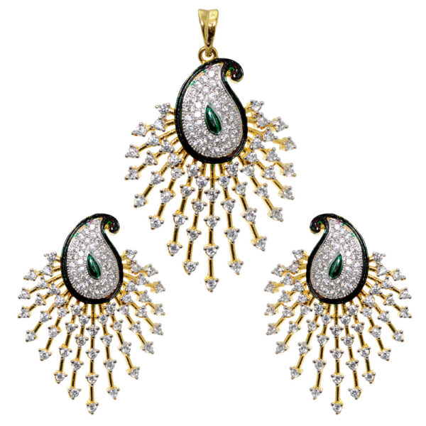 Classy Cubic Zirconia & Green Onyx Studded Pendant & Earring Set FP-1051