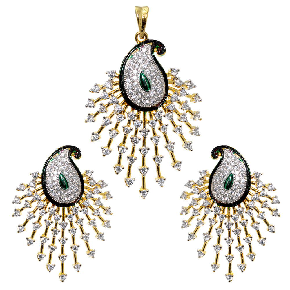 Classy Cubic Zirconia & Green Onyx Studded Pendant & Earring Set FP-1051