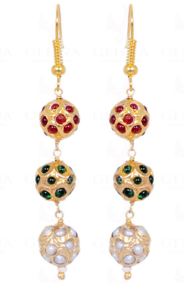 Pearl, Ruby & Emerald Stone Studded Jadau Bead Earrings LE01-1051