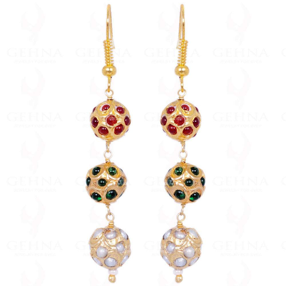 Pearl, Ruby & Emerald Stone Studded Jadau Bead Earrings LE01-1051