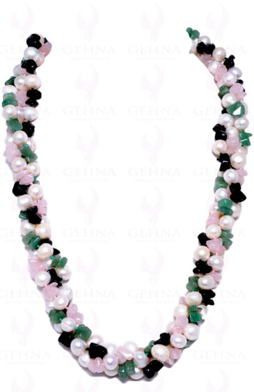 3 Rows Of Pearl & Rose Quartz, Black & Green Onyx Bead Twisted Necklace NM-1051