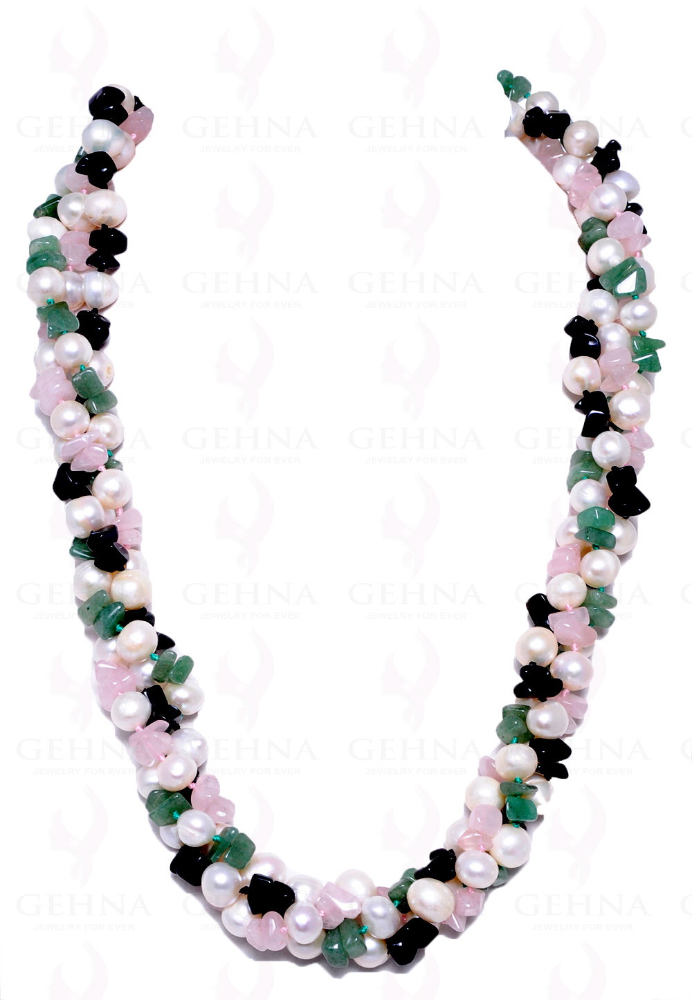 3 Rows Of Pearl & Rose Quartz, Black & Green Onyx Bead Twisted Necklace NM-1051