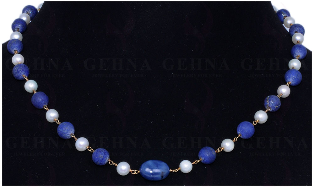 Pearl & Lapis Lazuli Gemstone Bead Chain In .925 Sterling Silver Cm1052