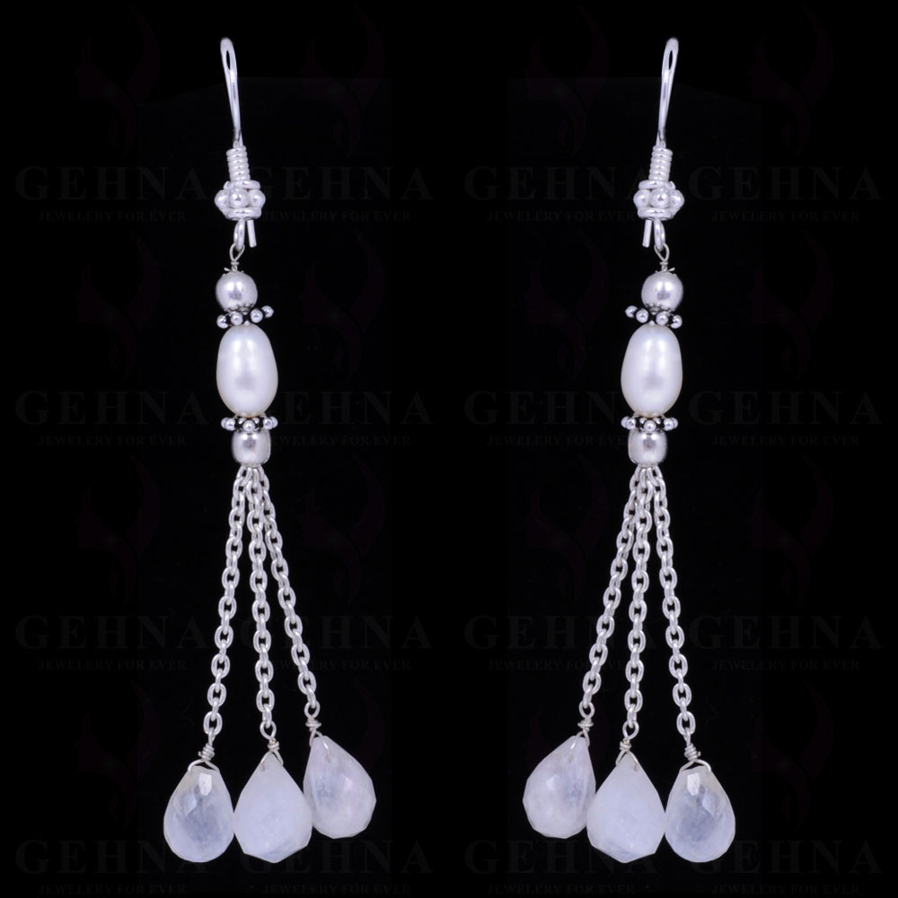 Pearl & Rainbow Moonstone Gemstone Earrings Made In .925 Solid Silver ES-1052