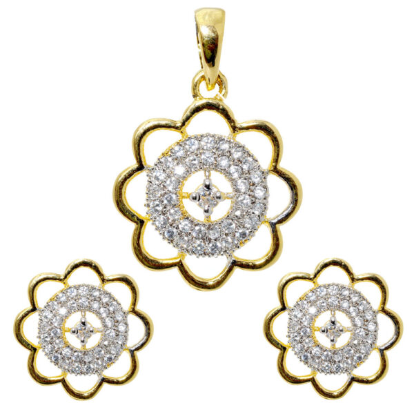 Trendy Cubic Zirconia Studded Flower Shaped Pendant & Earring Set FP-1052