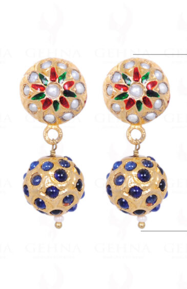 Pearl & Blue Sapphire Stone Studded Jadau Bead Earrings LE01-1052