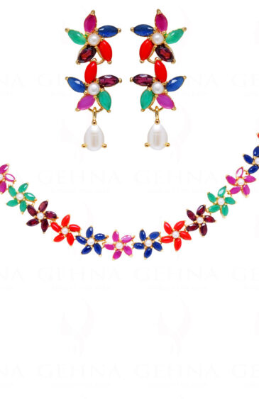 Pearls & Multi Color Stone Studded Necklace & Earring Set FN-1053