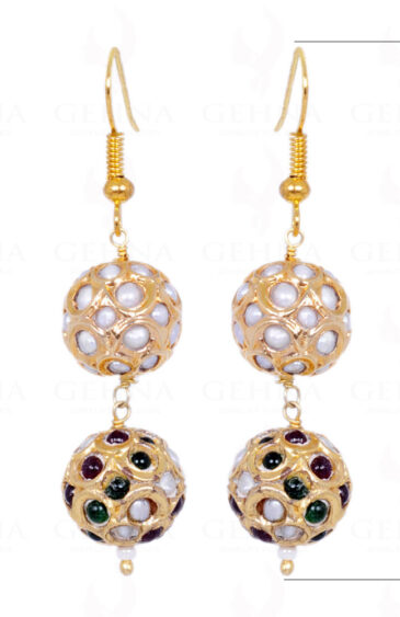 Pearl, Emerald & Ruby Stone Studded Jadau Bead Earrings LE01-1053