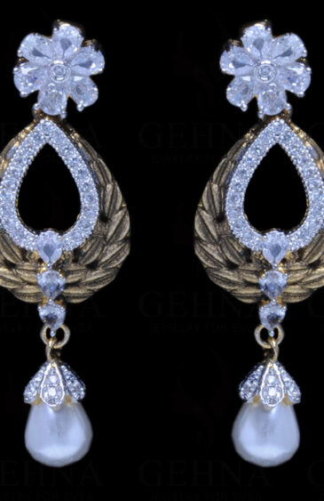 Pearl & Simulated Diamond Studded Flower Shape Earrings FE-1054