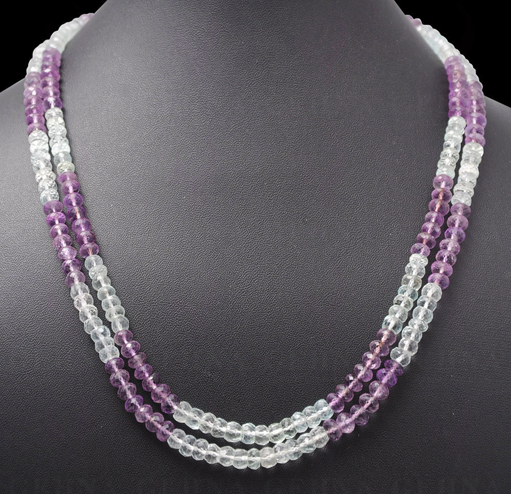 2 Rows of Amethyst & Aquamarine Gemstone Faceted Bead Necklace NS-1054