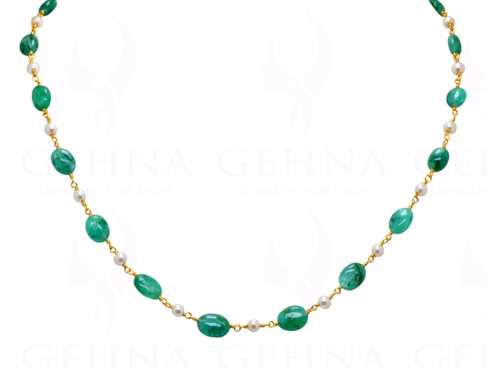 Pearl & Oval Shape Emerald Gemstone Bead Chain In .925 Sterling Silver Cm1055