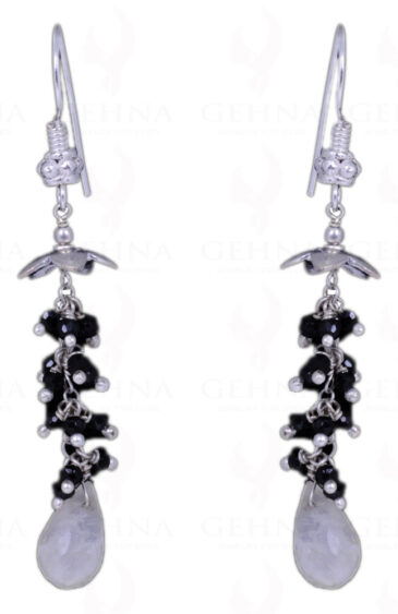 Black Spinel & Rainbow Moonstone Gemstone Earrings In .925 Solid Silver ES-1055