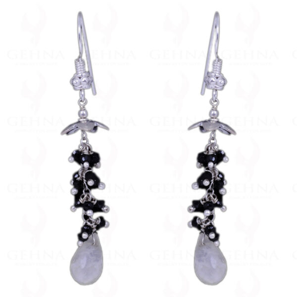 Black Spinel & Rainbow Moonstone Gemstone Earrings In .925 Solid Silver ES-1055