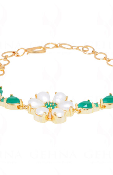 Pearl & Emerald Studded Yellow Gold Plated Charming Bracelet FB-1055