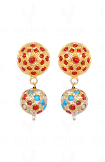 Pearl, Coral & Turquoise Stone Studded Jadau Bead Earrings LE01-1055