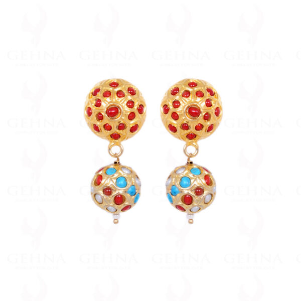 Pearl, Coral & Turquoise Stone Studded Jadau Bead Earrings LE01-1055