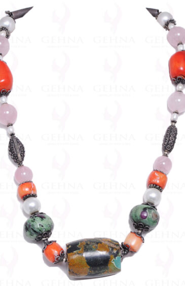 Necklace Of Pearls & Multi Color Gemstone Bead With Silver Elements NM-1055