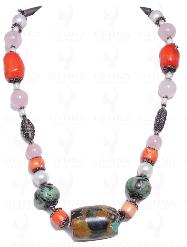 Necklace Of Pearls & Multi Color Gemstone Bead With Silver Elements NM-1055