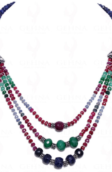 Multi Color Precious Gemstone Bead & Silver Elements 3 Rows Necklace NP-1055