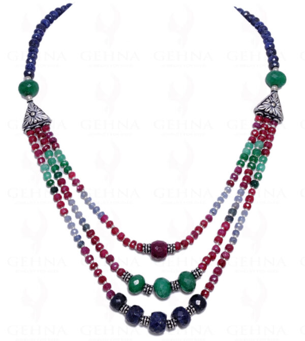 Multi Color Precious Gemstone Bead & Silver Elements 3 Rows Necklace NP-1055