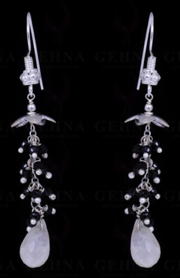 Black Spinel & Rainbow Moonstone Gemstone Earrings In .925 Solid Silver ES-1055