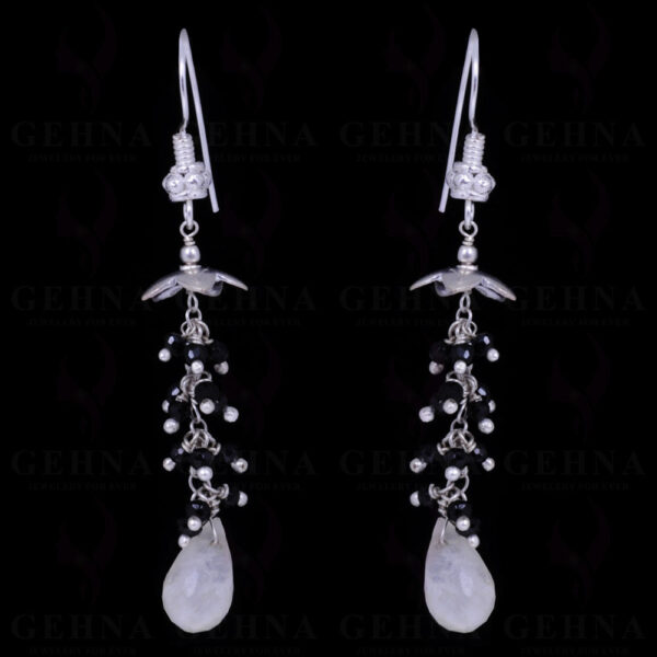 Black Spinel & Rainbow Moonstone Gemstone Earrings In .925 Solid Silver ES-1055