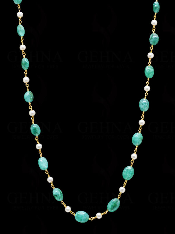 Pearl & Oval Shape Emerald Gemstone Bead Chain In .925 Sterling Silver Cm1055