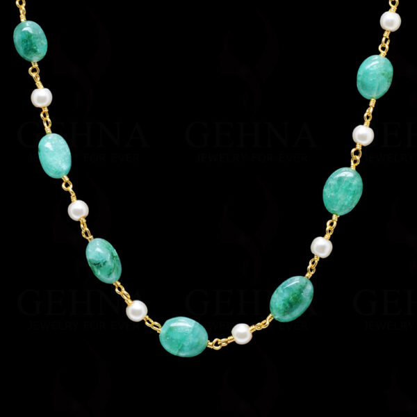 Pearl & Oval Shape Emerald Gemstone Bead Chain In .925 Sterling Silver Cm1055