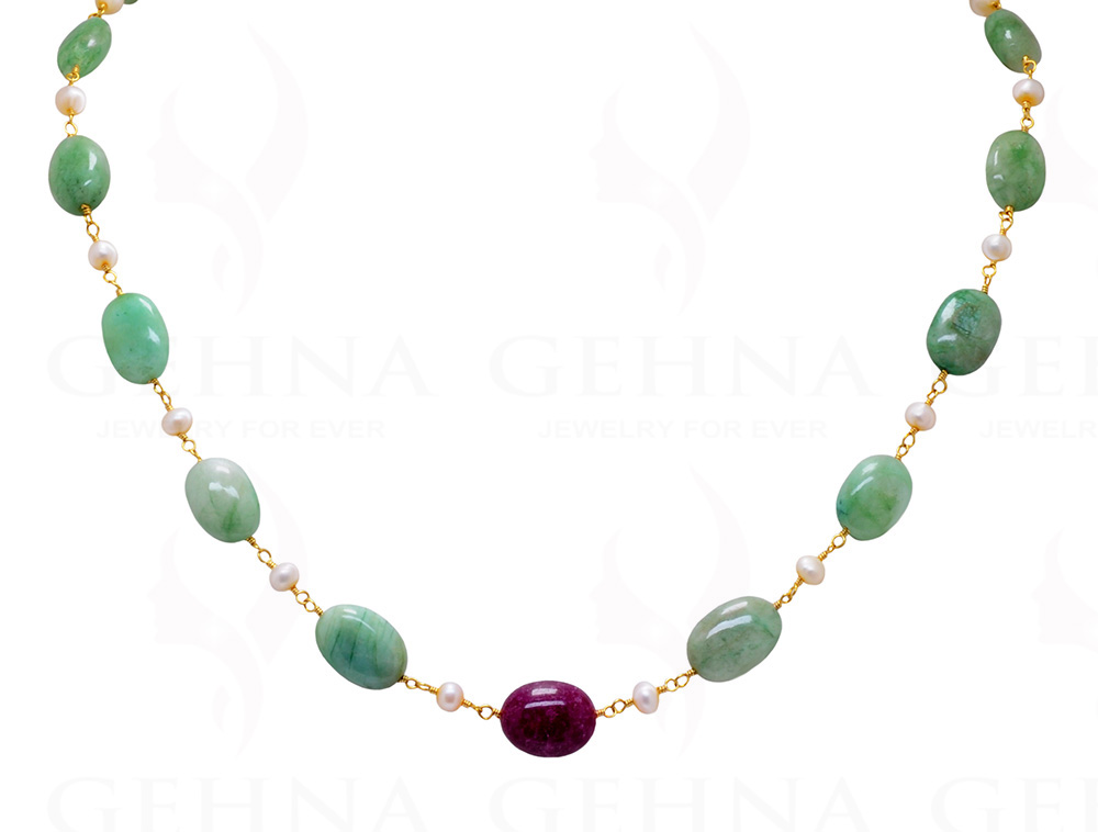 Pearl, Ruby & Emerald Gemstone Bead Chain In .925 Sterling Silver Cm1056