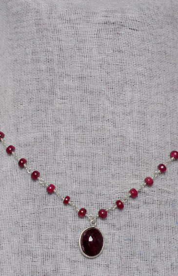 Ruby Studded Pendant Beaded With Ruby Chain In .925 Sterling Silver CP-1056