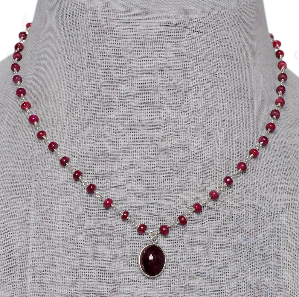 Ruby Studded Pendant Beaded With Ruby Chain In .925 Sterling Silver CP-1056