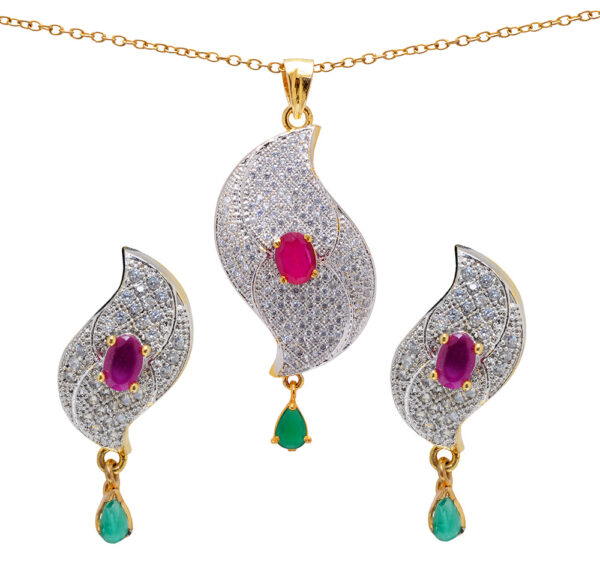 Handcrafted Ruby & Emerald Studded Trendy Pendant & Earring Set FP-1056