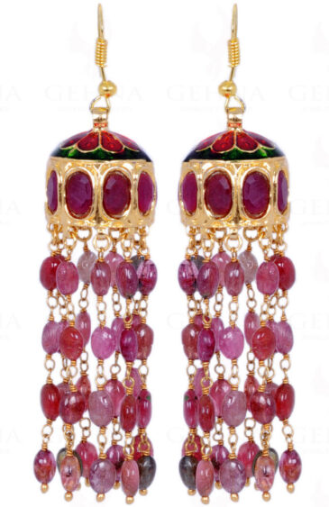 Pink Spinel Gemstone Bead With Ruby Studded Jhumki Style Earrings LE01-1056
