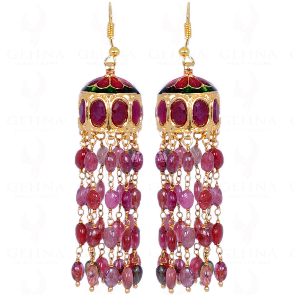 Pink Spinel Gemstone Bead With Ruby Studded Jhumki Style Earrings LE01-1056