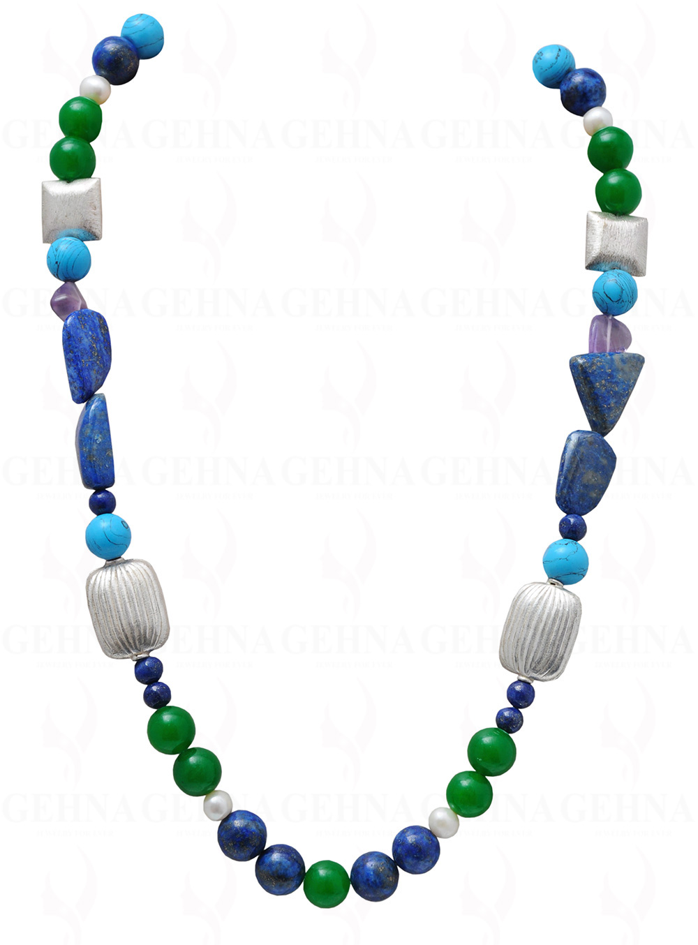 Pearl, Jade, Turquoise, Lapis & Amethyst Bead With Silver Elements NM-1056