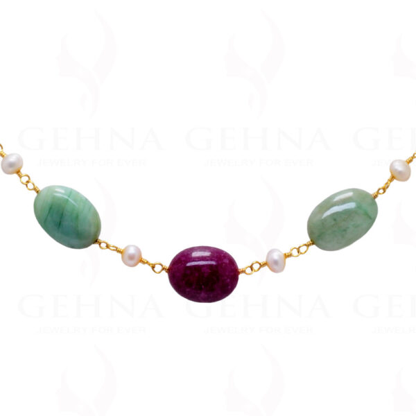 Pearl, Ruby & Emerald Gemstone Bead Chain In .925 Sterling Silver Cm1056