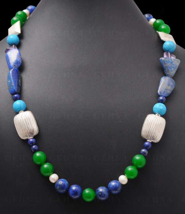 Pearl, Jade, Turquoise, Lapis & Amethyst Bead With Silver Elements NM-1056