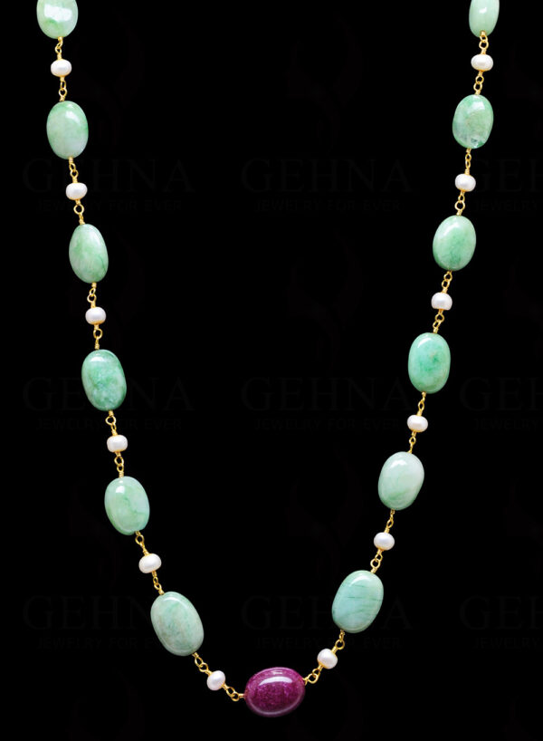 Pearl, Ruby & Emerald Gemstone Bead Chain In .925 Sterling Silver Cm1056