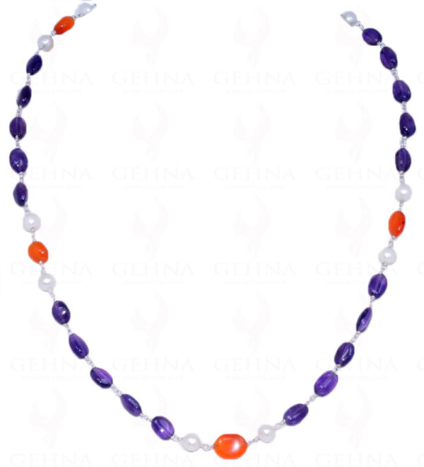 Pearl, Carnelian & Amethyst Gemstone Bead Chain In .925 Sterling Silver Cm1057