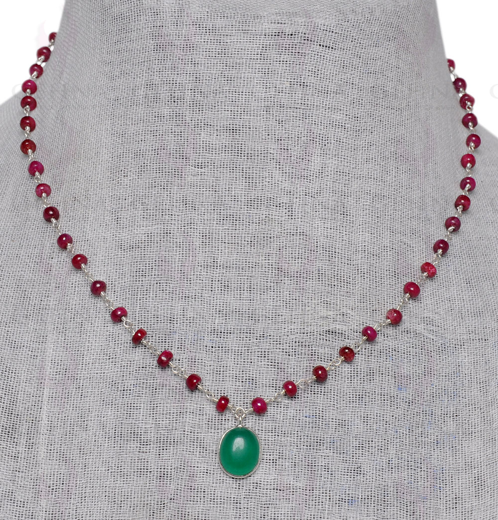 Emerald Studded Pendant Beaded With Ruby Chain In .925 Sterling Silver CP-1057