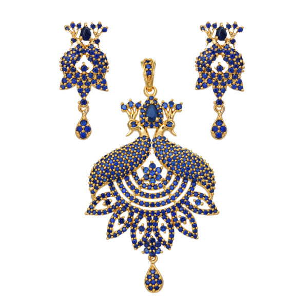 Blue Sapphire Studded With Golden Elements Pendant & Earring Set FP-1057