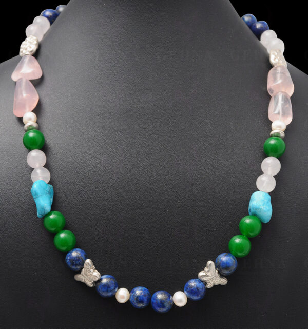 Pearl Rose Quartz Lapis Turquoise & Green Jade Bead With Silver Element NM-1057